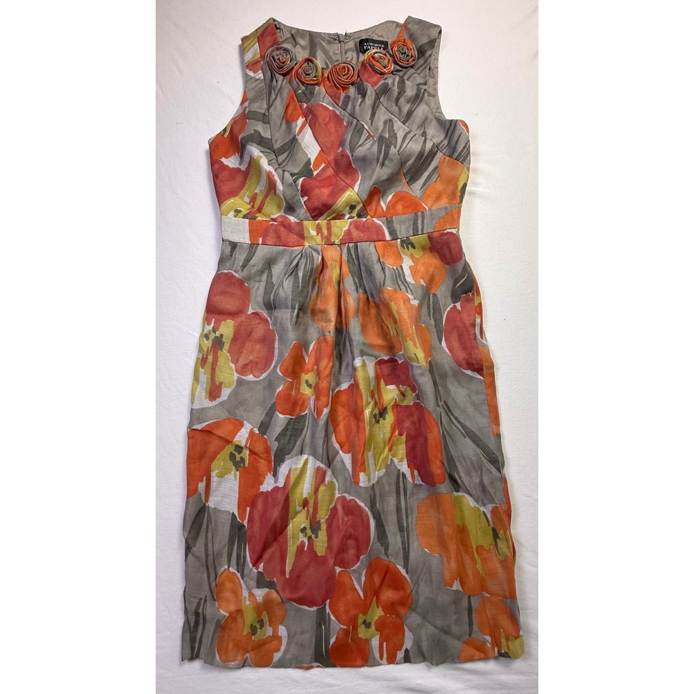 Adrianna Papell Floral Rosette Neck Sheath Dress Grey Orange Yellow Size 6-2587